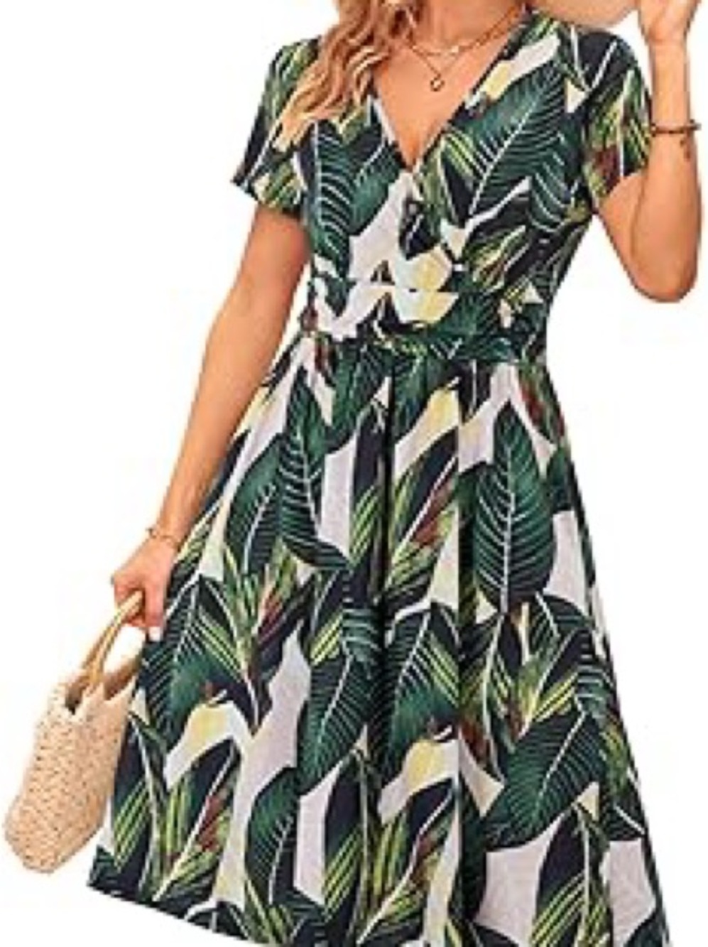 OUGES Summer Dress Tropical Leaf V-Neck Knee Length Midi Dress Pockets XL